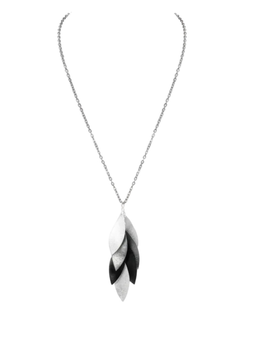 Womens Silver Necklace‎ with Silver and Black Leaf Cluster Pendant
